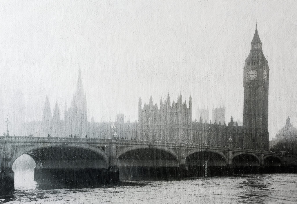 Vintage Photograph of Misty Thames with Gothic London Skyline